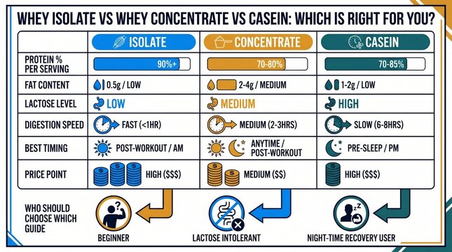 Whey isolate vs concentrate vs casein comparison table for gym and sports nutrition
