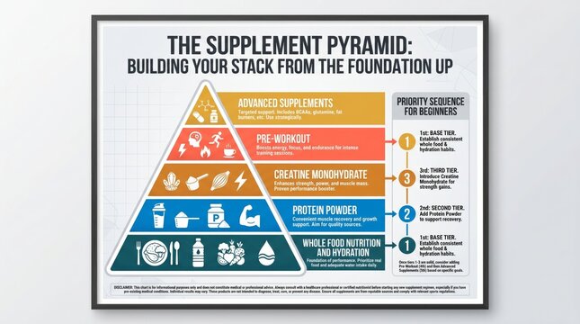 Supplement pyramid wall chart showing beginner stack foundation to advanced tiers