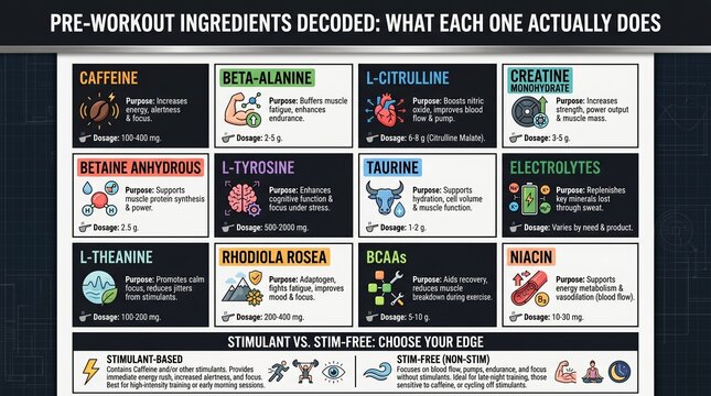 Pre-workout ingredients decoded with twelve ingredient reference panels and dosage chart
