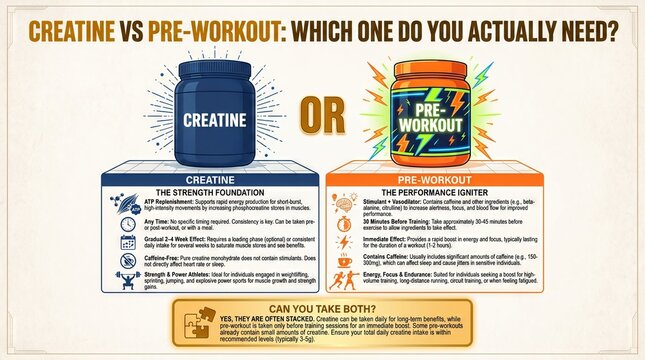 Creatine vs pre-workout comparison guide with mechanism timing and effect timeline chart