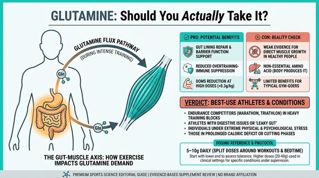 Glutamine supplement investigation guide with gut-muscle axis diagram and pro-con comparison