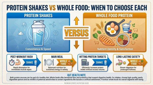 Protein shakes vs whole food guide with decision flowchart and practical scenario cards