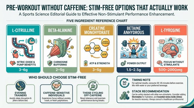 Stim-free pre-workout ingredient guide with five non-stimulant performance panels and user profiles