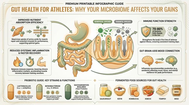 Gut health for athletes guide with microbiome diagram and nutrient absorption performance panels