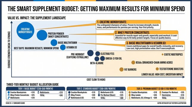 Smart supplement budget guide with evidence vs cost scatter plot and monthly spending tiers