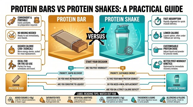 Protein bars vs protein shakes practical comparison guide with decision flowchart and label tips