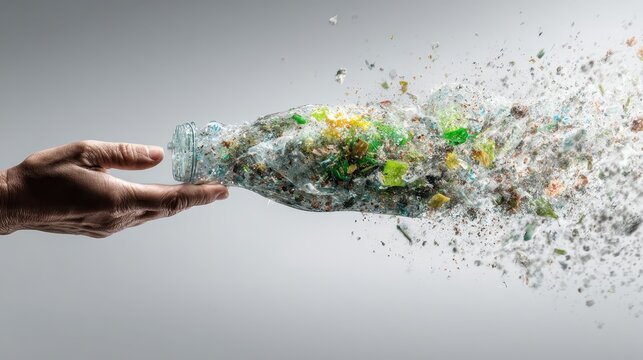 Human hand letting go of a crushed plastic bottle dissolving into particles. AI generated image