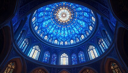 Obraz premium Magnificent Blue Stained Glass Dome Interior with Sunlight.