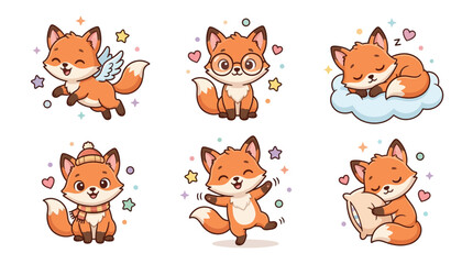Fototapeta premium Cute cartoon fox sticker set with various poses and expressions