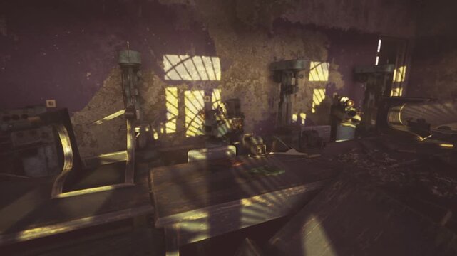 Cinematic sunbeams sweep across empty factory floor, scattered crates, aging columns, dramatic contrast, melancholic industrial mood suited for editorial