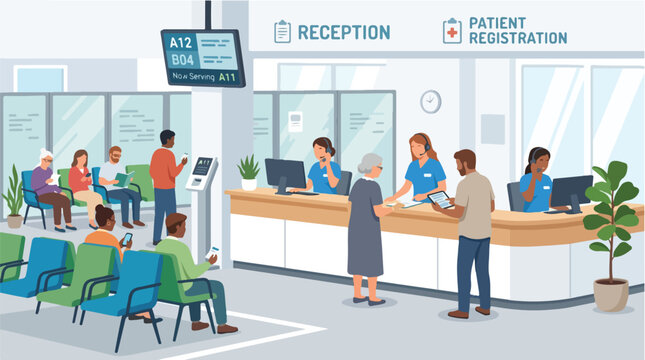 People interacting with staff at a modern hospital reception and patient registration desk.