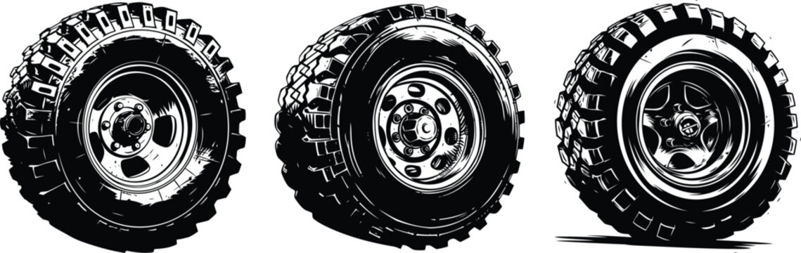 Collection of offroad truck tire vector illustrations isolated on white background. Black and white 4x4 suv wheel icons pack, mud terrain tire tread pattern set, automotive garage clipart.