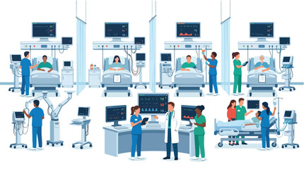 Fototapeta premium Medical intensive care unit with doctors and nurses caring for patients.