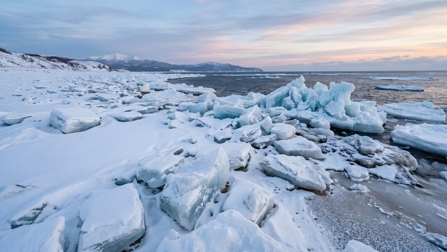 Panoramic view of intricate stranded driftwood ice formations and snowfields along a rugged winter coastline at twilight, scenic and serene natural landscape.