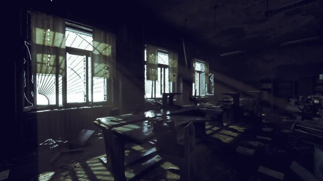 Sunlit ruined office scattered papers across table, grated windows casting patterned light, dusty floor and toppled storage, muted tones suggest long