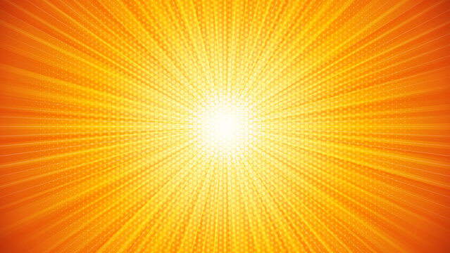 Vibrant Orange Sunburst Comic Book Background Featuring Retro Halftone Dot Patterns and Energetic Radiant Lines