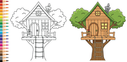 Fototapeta premium Treehouse illustration with wooden cabin and ladder in a whimsical coloring page nature scene