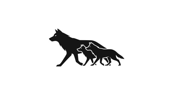 Black silhouette of wolf family walking.
