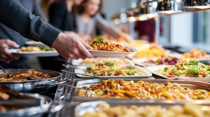 Naklejka premium People selecting lunch from a diverse food buffet in a corporate office canteen.