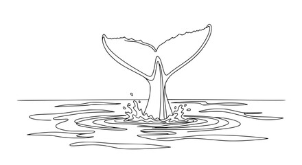 Whale tail fin diving into water, creating ripples and splash, simple line drawing illustration © Rglstrm