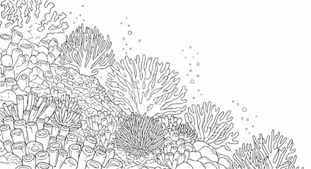 Detailed Outline Illustration of Diverse Coral Reef Ecosystem Under the Sea © Rglstrm