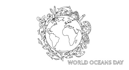 Hand-drawn Earth with Marine Life, World Oceans Day concept, line art © Rglstrm