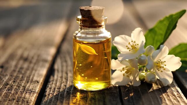 Essential oil bottle with cork stopper and white jasmine flowers on rustic wooden surface in warm golden sunlight