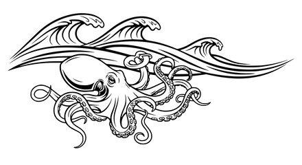 Fototapeta premium Octopus in Ocean Waves Tattoo Design