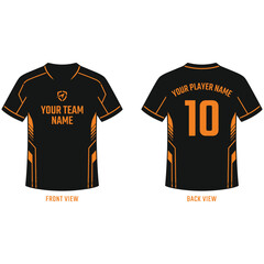 Black and orange esports jersey design template with geometric details, template © MD AINUDDIN