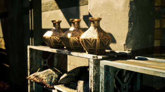 Sunlit brass vases on weathered shelf, woven cushions and patterned tile backdrop, artisan stall mood in Souk AlZal with warm golden textures and rustic patina