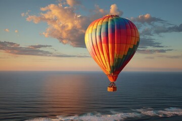 Fototapeta premium Vibrant Rainbow Hot Air Balloon Ascends Over Calm Ocean Waters During a Dramatic Golden Hour Sunset with Fluffy Clouds Creating an Inspiring Aerial Adventure