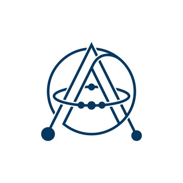 Abstract letter A logo with orbiting spheres and atomic structure.