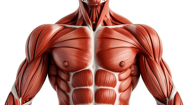 Human muscular anatomy illustration showing detailed upper body muscle structure and definition