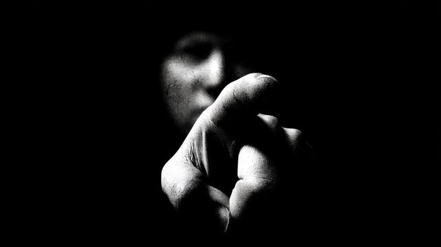 Dramatic black and white image of a hand pointing towards the viewer
