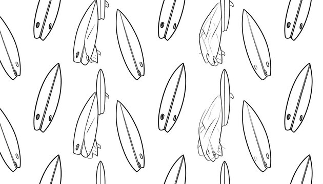 Black-and-white vector design repeats surfing boards with varied orientations across a white background. Seamless pattern