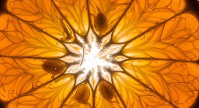 Close-up Macro View of a Translucent Orange Slice Illuminated from Within.