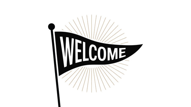  welcome pennant flag illustration with vintage sunburst background, decorative greeting banner, hospitality symbol, retro welcome sign vector design