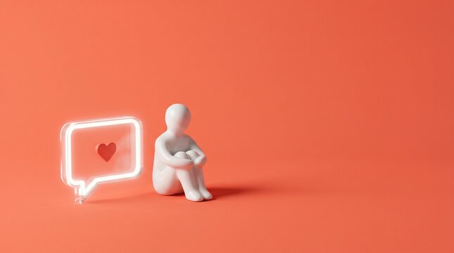 Minimalist 3D character sitting sadly next to a glowing heart speech bubble on orange background, concept of digital loneliness and social media isolation.