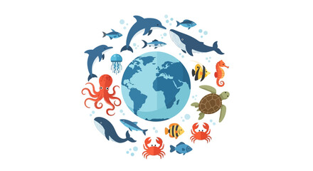 Diverse marine life encircles a stylized Earth globe. © Sumia