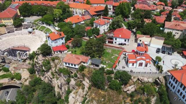 aerial Roman Theatre of Philippopolis nestled within the historic old town district and sweeping cityscape of Plovdiv Bulgaria