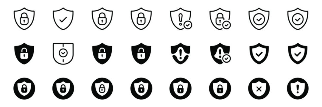 Security Shield icon set with Check Mark Protection symbols and Padlock Logotypes Editable Stroke vector illustration.