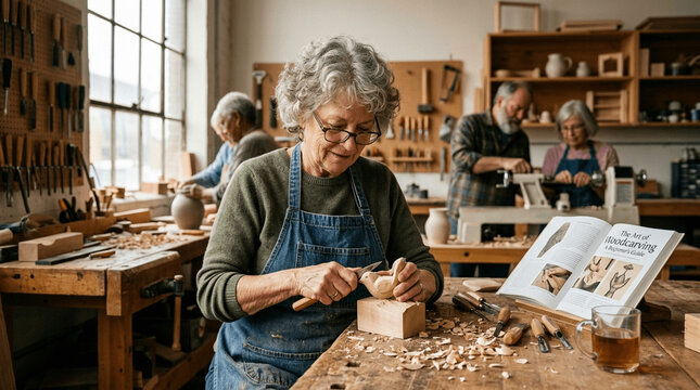 Elderly woman meticulously carves wood in a vibrant workshop, embracing a new craft and skill development alongside fellow seniors