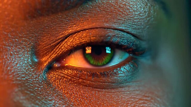 Extreme close-up of a human eye with green iris under cinematic orange and blue lighting