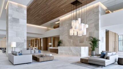 Naklejka premium Architectural Interior Photography of Elegant Luxury Hotel Lobby, High Ceilings, Premium Materials, Sophisticated Lighting Design, Warm Inviting Atmosphere, Hospitality Marketing Aesthetic