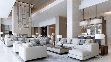 Naklejka premium Architectural Interior Photography of Elegant Luxury Hotel Lobby, High Ceilings, Premium Materials, Sophisticated Lighting Design, Warm Inviting Atmosphere, Hospitality Marketing Aesthetic