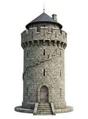 Fototapeta premium A medieval stone tower with a conical roof and wooden door stands alone on a plain background