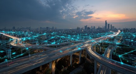 Fototapeta premium Vast Urban Landscape at Dusk with Illuminated Highways and Cityscape Under a Twilight Sky Showing Advanced Connectivity and Transportation Networks
