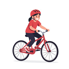 Naklejka premium A smiling young girl wearing a red helmet rides a red bicycle, enjoying outdoor activity with a clean, minimalist white background, conveying a cheerful and active mood