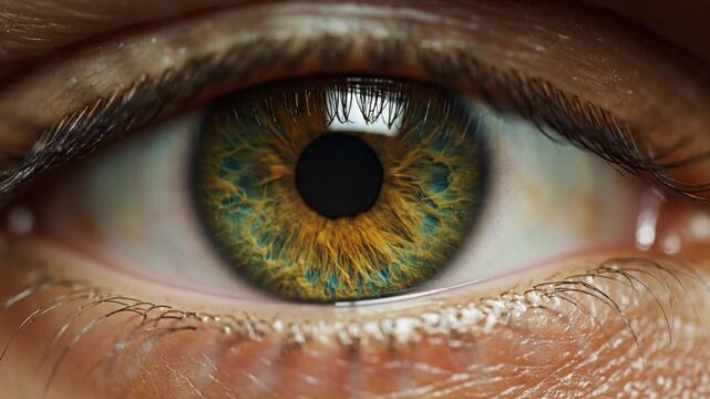 Extreme macro close up of a human eye with intricate hazel iris patterns
