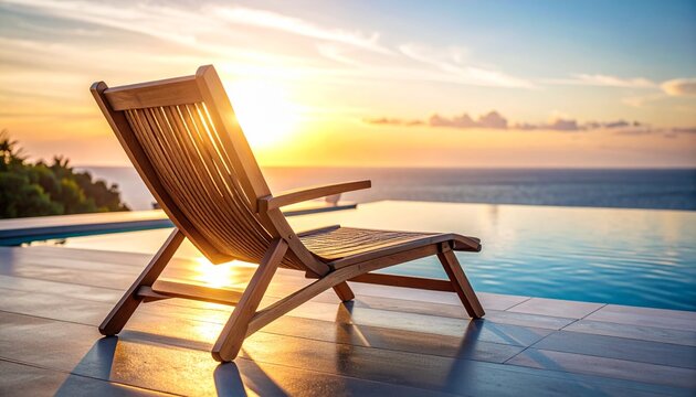 Empty Wooden Lounge Chair Facing the Infinity Pool During Golden Sunset